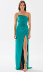 Sheath Satin Natural Waistline Spaghetti Strap Gathered Asymmetric Slit Ruched Back Zipper Sheath Dress/Prom Dress with a Brush/Sweep Train