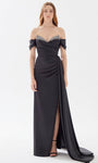 V-neck Crystal Beaded Open-Back Slit Back Zipper Ruched Draped V Back Sheath Floor Length Satin Natural Waistline Off the Shoulder Sheath Dress/Prom Dress with a Brush/Sweep Train