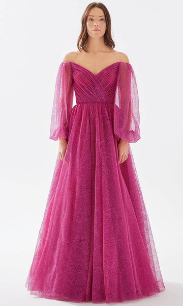 A-line V-neck 2012 Tulle Beaded Sheer Glittering Pleated Faux Wrap Bishop Sleeves Off the Shoulder Natural Waistline Evening Dress