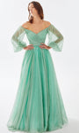 A-line V-neck Bishop Sleeves Off the Shoulder Tulle Natural Waistline Faux Wrap Pleated Sheer Glittering Beaded 2012 Evening Dress