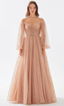 A-line V-neck Tulle Natural Waistline 2012 Beaded Pleated Glittering Faux Wrap Sheer Bishop Sleeves Off the Shoulder Evening Dress