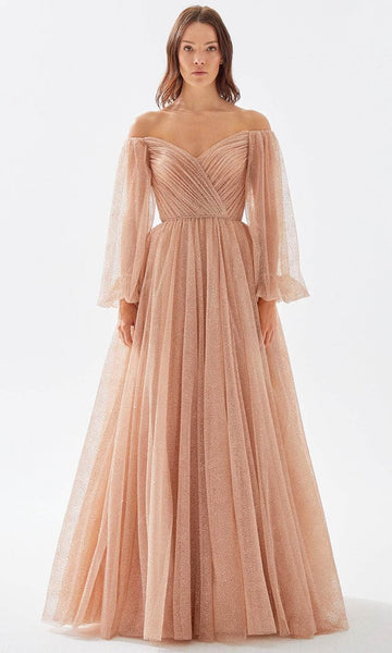 A-line V-neck Natural Waistline 2012 Bishop Sleeves Off the Shoulder Tulle Glittering Faux Wrap Beaded Pleated Sheer Evening Dress