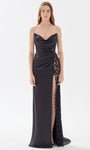 Sophisticated Strapless Sheath 2013 Satin Floor Length Slit Back Zipper Pleated Lace Trim Natural Waistline Sheath Dress/Evening Dress with a Brush/Sweep Train