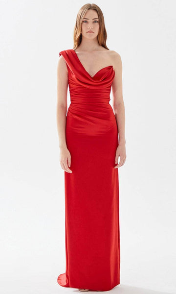 Asymmetric Draped Slit Natural Waistline One Shoulder 2014 Satin Sheath Sheath Dress/Prom Dress with a Brush/Sweep Train