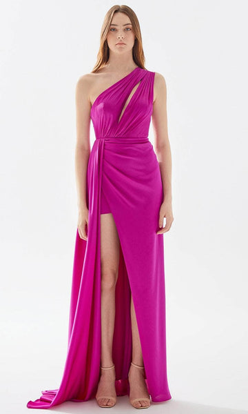 A-line Asymmetric Cutout Back Zipper Keyhole Ruched Open-Back Faux Wrap Slit Goddess Natural Waistline 2015 Floor Length Satin One Shoulder Sleeveless Prom Dress with a Brush/Sweep Train