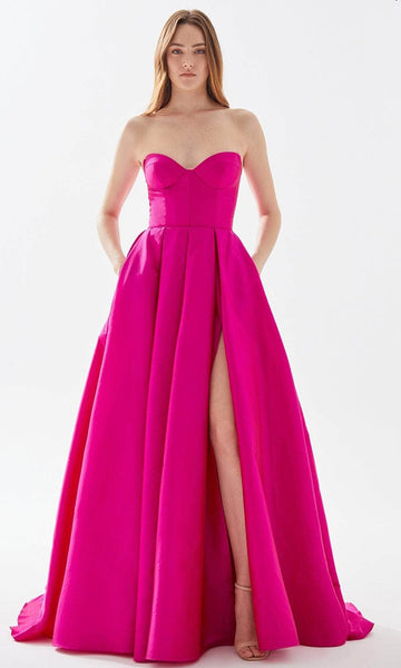 A-line Strapless Sweetheart Taffeta Pocketed Slit Corset Natural Waistline Prom Dress with a Court Train