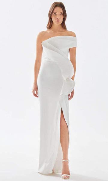 Floor Length Natural Waistline Short Sleeves Sleeves Off the Shoulder Sheath Asymmetric Slit Sheath Dress/Prom Dress With Ruffles