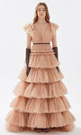 A-line V-neck Elasticized Natural Waistline Floor Length Plunging Neck Tiered Pleated Beaded Tulle Dress with a Chapel Train With Ruffles