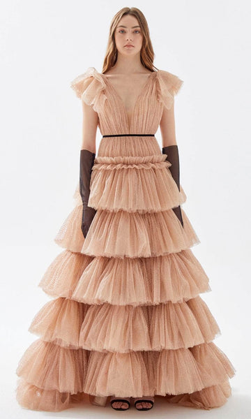 A-line V-neck Pleated Beaded Tiered Floor Length Elasticized Natural Waistline Tulle Plunging Neck Dress with a Chapel Train With Ruffles