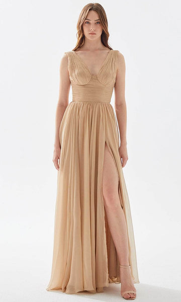 A-line V-neck Floor Length Pleated Lace-Up Slit Sleeveless Chiffon Natural Waistline Prom Dress With a Bow(s)