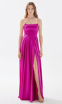 A-line Satin One Shoulder Natural Waistline Bateau Neck Asymmetric Sheer Slit Fitted Flowy Dress