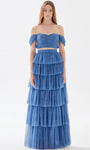A-line Off the Shoulder Tulle Natural Waistline Sweetheart Glittering Tiered Sheer Ruched Draped Evening Dress With Ruffles