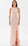 Halter Sleeveless Natural Waistline Sheath Slit Sequined Cutout Floor Length Sheath Dress/Prom Dress With a Bow(s)