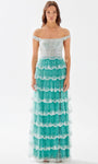 A-line Glittering Beaded Flowy Slit Tiered Sheer Natural Waistline Square Neck Chiffon Floor Length Sleeveless Dress