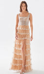 A-line Floor Length Sleeveless Natural Waistline Chiffon Sheer Beaded Flowy Slit Glittering Tiered Square Neck Dress