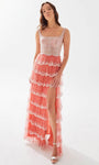 A-line Floor Length Chiffon Natural Waistline Slit Flowy Glittering Tiered Sheer Beaded Sleeveless Square Neck Dress