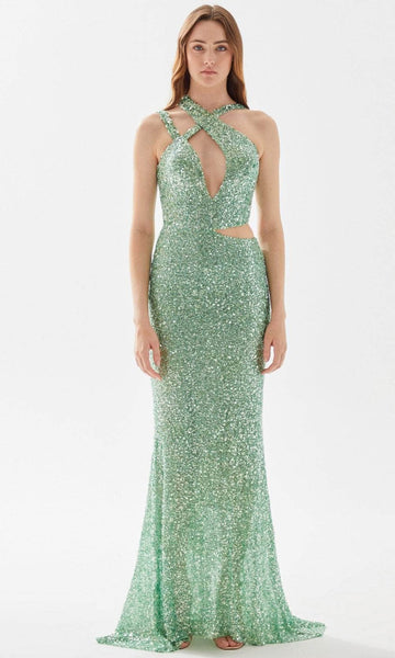 Sleeveless Natural Waistline Mermaid Floor Length Cutout Sequined Fitted Back Zipper Open-Back Halter Prom Dress with a Brush/Sweep Train