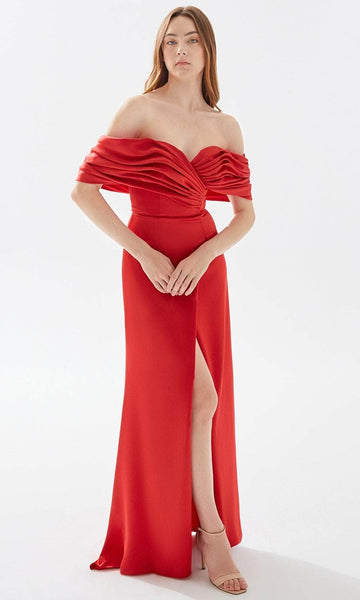 Sexy Sweetheart Satin Off the Shoulder Draped Slit Wrap Lace-Up Natural Waistline Sheath Sheath Dress/Prom Dress with a Brush/Sweep Train