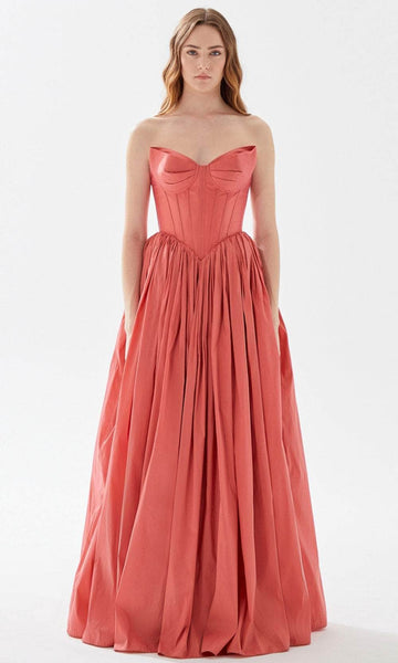 A-line Strapless Lace-Up Shirred Floor Length Sweetheart Taffeta Basque Corset Waistline Prom Dress With a Bow(s)