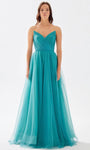 A-line V-neck Strapless Floor Length Tulle Vintage Glittering V Back Back Zipper Ruched Gathered Natural Waistline Prom Dress with a Brush/Sweep Train