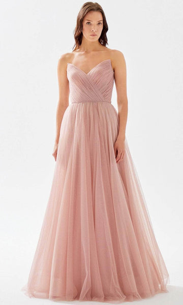 A-line V-neck Strapless Vintage Gathered Glittering V Back Ruched Back Zipper Natural Waistline Tulle Floor Length Prom Dress with a Brush/Sweep Train