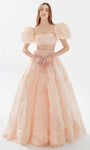 Straight Neck Natural Waistline General Print Puff Sleeves Sleeves Tulle Beaded Prom Dress With Ruffles