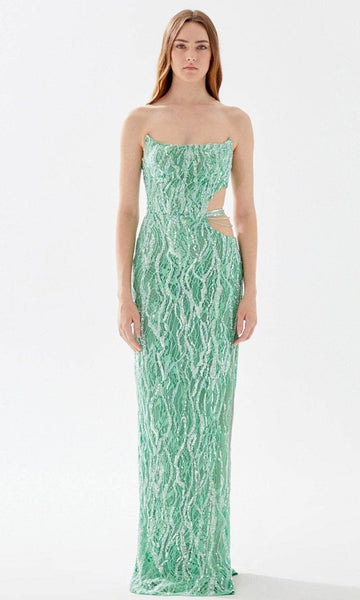 Strapless Scoop Neck Lace Floor Length Natural Waistline Sheath Beaded Slit Cutout Sheath Dress/Prom Dress