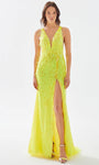 Sexy V-neck Sheath Mermaid Open-Back Sequined Slit Natural Waistline Plunging Neck Sleeveless Sheath Dress/Prom Dress with a Brush/Sweep Train