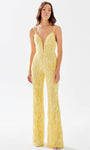 V-neck Plunging Neck Fitted Beaded Sheer Sequined Embroidered Natural Waistline Lace General Print Jumpsuit