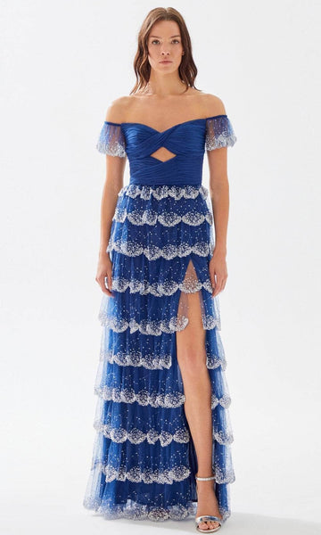 Sexy A-line Sheer Slit Ruched Cutout Beaded Open-Back Back Zipper Tiered Natural Waistline Sheer Short Sleeves Sleeves Off the Shoulder Floor Length Prom Dress