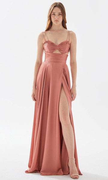 A-line Bandeau Neck Sweetheart Lace-Up Cutout Gathered Slit Ruched Spaghetti Strap Satin Floor Length Natural Waistline Prom Dress with a Brush/Sweep Train