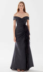 A-line Taffeta Ruched Gathered Pleated Off the Shoulder Floor Length Natural Waistline Sheath Sheath Dress/Evening Dress with a Court Train with a Brush/Sweep Train