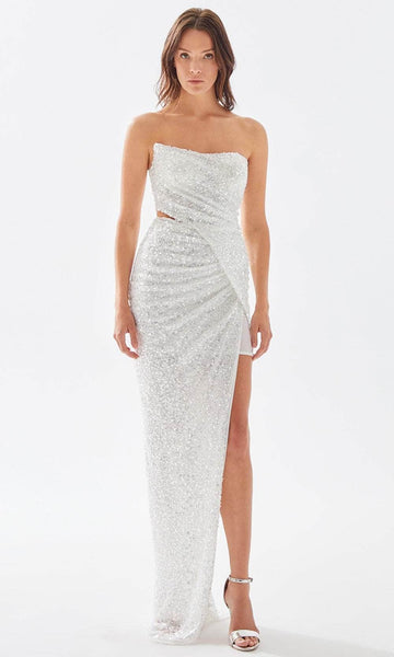 Strapless Natural Waistline Sheath Sequined Asymmetric Ruched Gathered Crystal Wrap Slit Sheath Dress