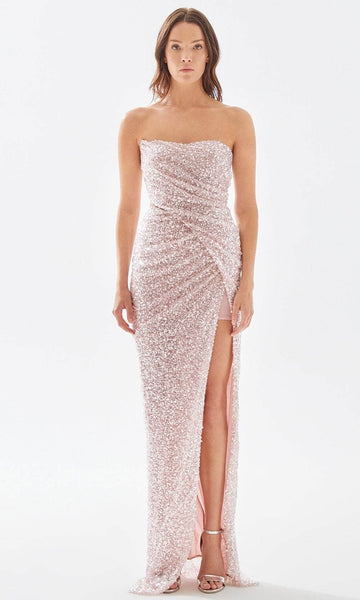 Strapless Natural Waistline Sheath Wrap Gathered Slit Ruched Crystal Asymmetric Sequined Sheath Dress