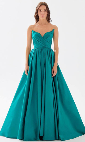 V-neck Strapless Pleated Sheer Wrap Ruched Taffeta Natural Waistline Prom Dress with a Court Train