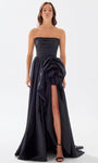 A-line Strapless Straight Neck Taffeta Natural Waistline Floral Print Slit Shirred Ruched Prom Dress with a Court Train