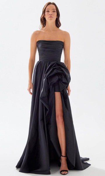 A-line Strapless Straight Neck Taffeta Natural Waistline Floral Print Slit Shirred Ruched Prom Dress with a Court Train