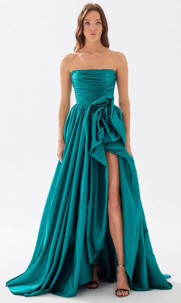 A-line Strapless Taffeta Straight Neck Ruched Slit Shirred Floral Print Natural Waistline Prom Dress with a Court Train