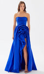 A-line Strapless Natural Waistline Straight Neck Floral Print Taffeta Shirred Ruched Slit Prom Dress with a Court Train