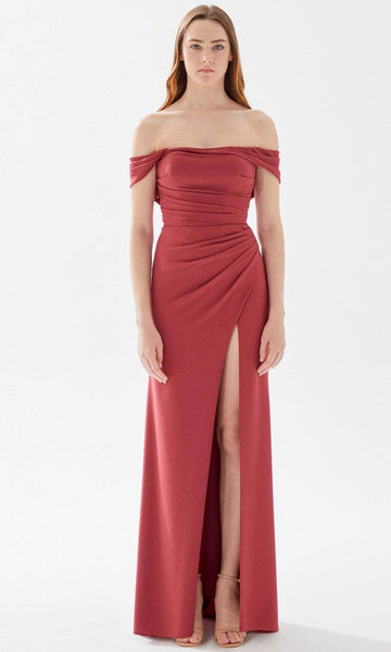 Sexy Sophisticated Draped Shirred Gathered Slit Ruched Pleated Sheath Natural Waistline Cowl Neck Off the Shoulder Sheath Dress/Prom Dress with a Brush/Sweep Train