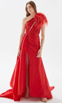 A-line Natural Waistline Floor Length One Shoulder Cutout Slit Wrap Asymmetric Ruched Taffeta Evening Dress