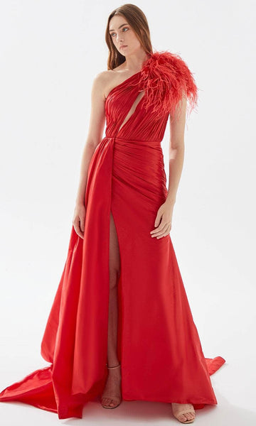 A-line Cutout Wrap Slit Asymmetric Ruched Taffeta Floor Length Natural Waistline One Shoulder Evening Dress