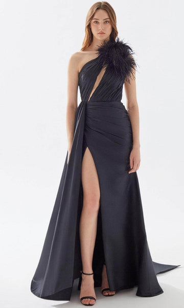 A-line Natural Waistline Floor Length One Shoulder Asymmetric Wrap Slit Cutout Ruched Taffeta Evening Dress