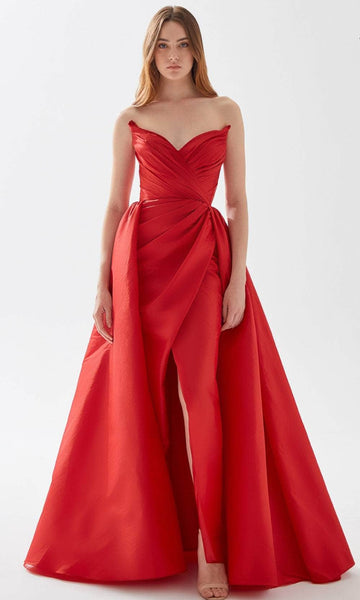 A-line V-neck Strapless Sweetheart Natural Waistline Sheer Faux Wrap Pleated Taffeta Evening Dress