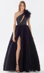 One Shoulder Sleeveless Cutout Beaded Fitted Open-Back Sequined Asymmetric Slit Tulle Natural Waistline Floor Length Scalloped Trim Dress With Ruffles