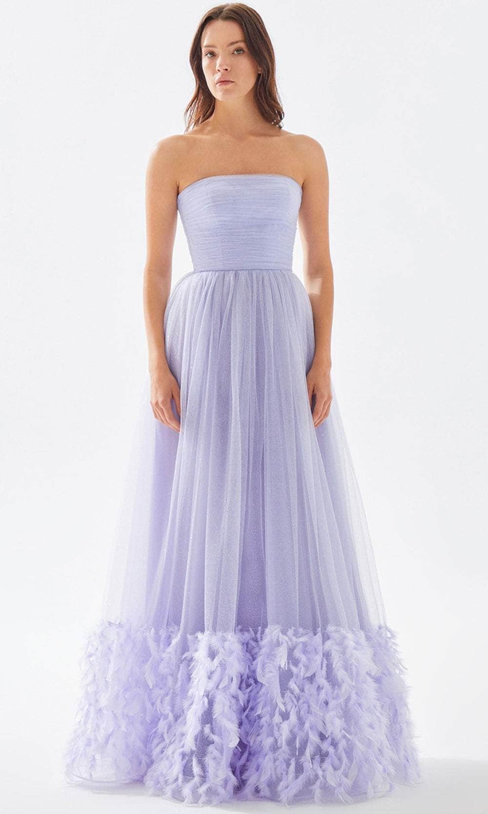 Tarik Ediz 52140 - Ruched Strapless Feathered Prom Gown
