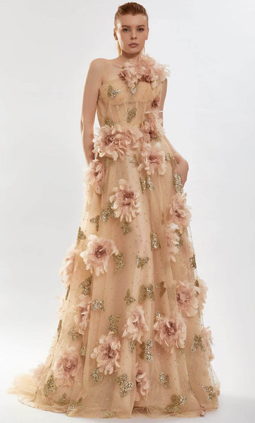 A-line Sleeveless Floral Print Applique Open-Back Hidden Back Zipper Asymmetric Natural Waistline Evening Dress with a Brush/Sweep Train With Ruffles