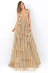 A-line V-neck Sleeveless Glittering V Back Fitted Sheer Back Zipper Tulle Natural Waistline Plunging Neck Dress with a Brush/Sweep Train