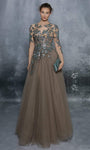 Sophisticated A-line Corset Natural Waistline Sequined Sheer Long Sleeves Floor Length Tulle Jeweled Neck Party Dress