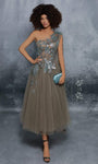 A-line Tulle Tea Length Floral Print Natural Waistline One Shoulder Asymmetric Draped Fitted Sheer Sequined Dress